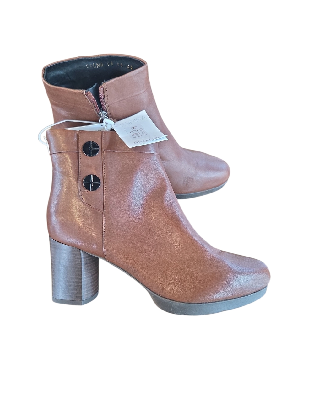 Geox Size 10 Women's NEW Brown Leather Block Heel Ankle Boots with Button Accent